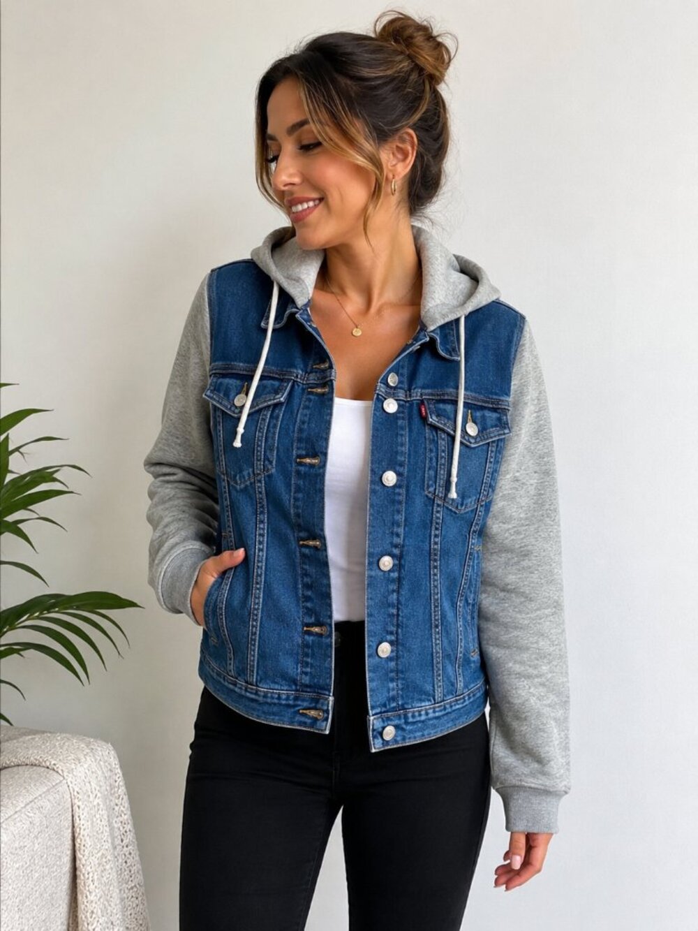 Levi's Denim Trucker Jacket With Gray Hoodie Knit Sleeves Women's XL